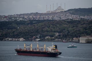 A ship navigates the Bosphorus Strait in Istanbul, Turkey.